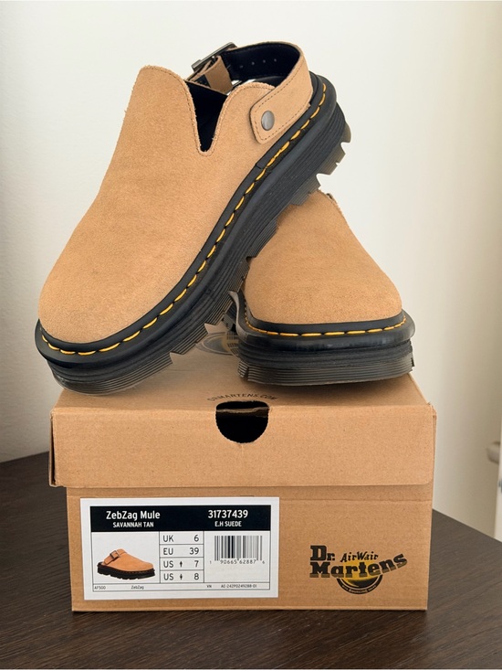 Dr. Martens Shoes - Dr. Martens Tan Suede ZebZag Mule with Black Platform